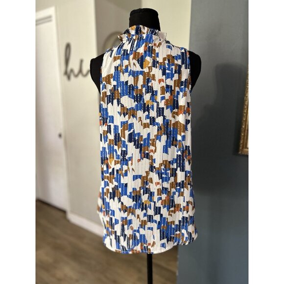 Cabi Jigsaw Top #6106 Sleeveless Blue Cream Button Down Tank Size Medium - Picture 2 of 5